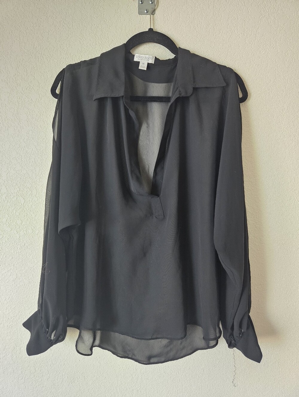 Black Sheer Collared V-Neck Long Sleeve Blouse